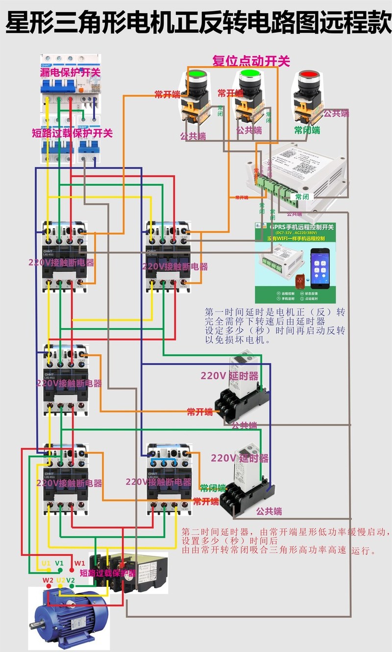 星形 三角形 电机 正反转 延时 远程控制作 示意图